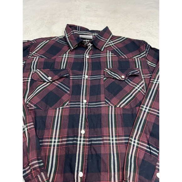 Vintage Maroon & Black Plaid Pearl Snap Western Flannel Shirt Men's Size Large - Picture 2 of 8